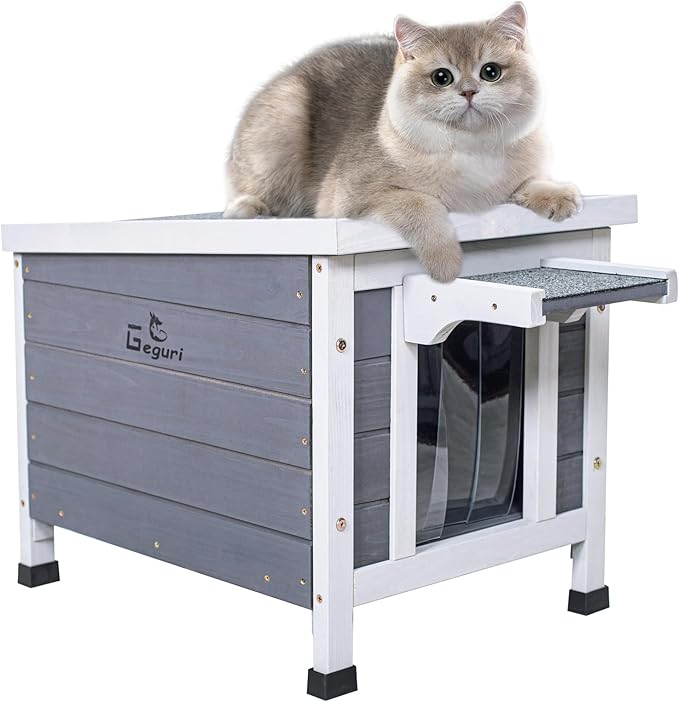 GEGURI Outdoor Cat House, Weatherproof Shelter for Ferrel Cats, Dogs, Rabbits Hutch with Elevated Floor, Asphalt Roof