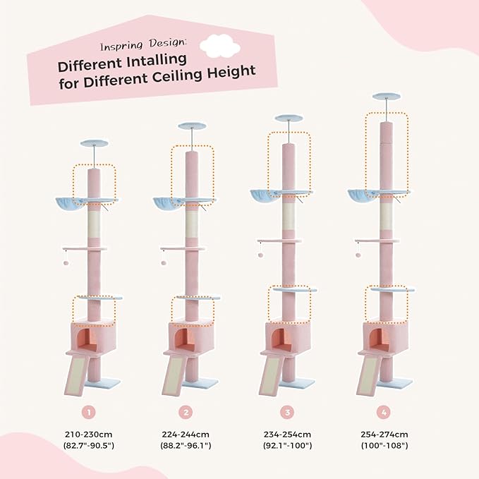 PEQULTI Cat Tree Floor to Ceiling,Tall Cat Tower, Adjustable Height (83''-108'') 5 Tiers Climbing Tree for Indoor Cats with Cat Condo, Scratching Post and Ladder,Pink