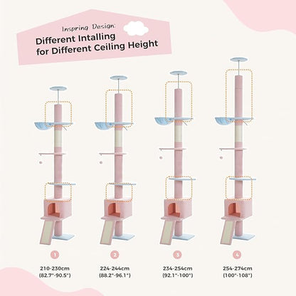 PEQULTI Cat Tree Floor to Ceiling,Tall Cat Tower, Adjustable Height (83''-108'') 5 Tiers Climbing Tree for Indoor Cats with Cat Condo, Scratching Post and Ladder,Pink