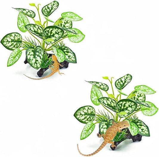 2 pcs Reptile Artificial Plants, Terrarium Plants Decorations Supplies, Amphibian Habitat Hideout Tank Accessories, Rainforest Ground Plant