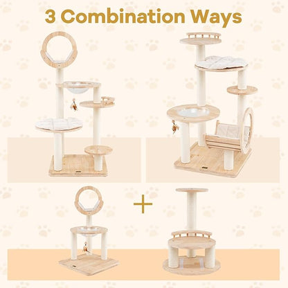 PETSITE 57 Inches Tall Wooden Cat Tree, Multi-Level Cat Tower with Scratching Posts, Space Capsule Bed, Padded Platform and Hanging Ball, Modern Transformable Cat Tree Tower for Indoor Cats Large