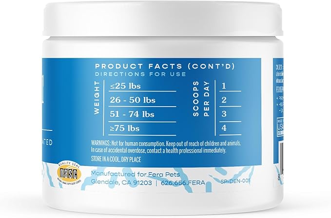 Fera Pets Cat & Dog Dental Support Powder - Supports Fresh Breath - Promotes Healthy Teeth and Gums - Targets Tartar Build-Up - Includes Kelp, Enzymes & Postbiotics - 60 Scoops