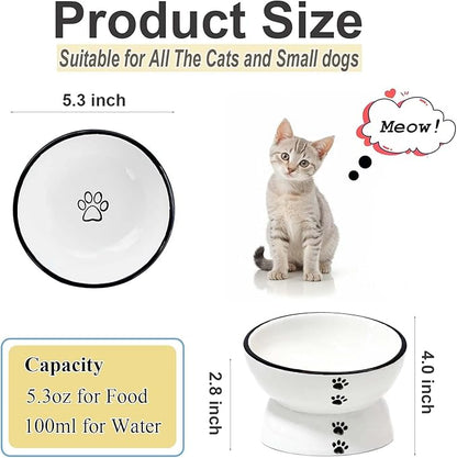 Anti-Rollover Elevated Ceramic Cat Bowls with Paw Prints for Holding Food and Water, Black Border, Suitable for Small Dogs and Pets