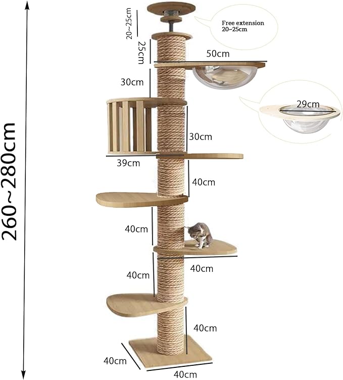 Floor to Ceiling cat Tree - Adjustable Height (95-98in,104.3-108.2in)- with Width 4.33 in Scratching Post,Cat Hammock,Fully Wrapped with sisal Rope - Heavy Duty cat Tree.(Holds 110 lbs)