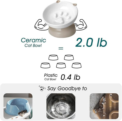 vancasso Ceramic Elevated Slow Feeder Cat Bowls,Slow Feeder Elevated Cat Bowl Wet Food, Raised Cats Bowl for Indoor Cats (Grey)