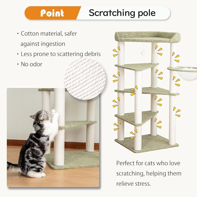 Cat Tree for Indoor Cats, 53” Tall Modern Cat Tower with Acrylic Bowl Bed & Multi-Level Platforms, Stable Cat Condo for Large Cats (Light Gray)