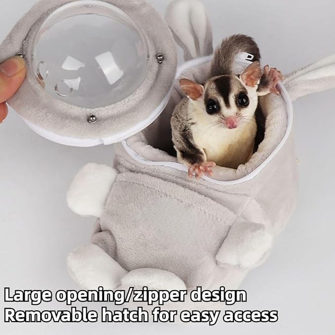 Sugar Glider Bonding Pouch Bonding Pouch Carry for Rat Syrian Hamster Hedgehog Small Pocket Pets, Gerbil Travel Bag Cute Bunny-Shaped Outing Bag with Large Transparent Window (Grey,Large)