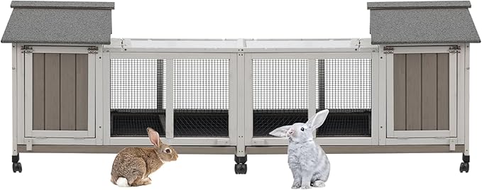 76.38"L Rabbit Hutch Indoor and Outdoor with 8 Wheels,Wooden Rabbit Cage with Pull Out Leak-Proof Tray for 2-4 Rabbits,Bunny Hutch with Asphalt Roof Suitable for Garden,Park,Living Room,Grey