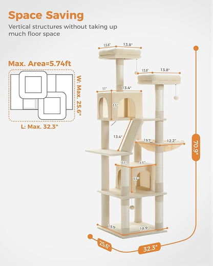 PAWZ Road 70 Inch Cat Tower, Tall Cat Tree with 2 Cozy Condos, 2 Plush Perch, Large Basket, 2 Scraching Pad & 6 Scraching Posts for Indoor Cats Large Adult, Beige