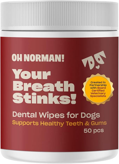 OH NORMAN! Dog Dental Wipes - Vet-Approved Pet Dental Finger Wipes for Oral Hygiene & Fresh Breath - Alternative to Finger Toothbrush for Dogs - No Fuss Dog Cleaning Supplies for Daily Use - 50 pcs