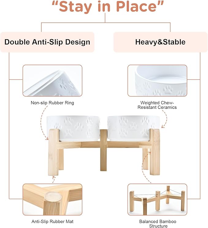 SPUNKYJUNKY Elevated Dog Bowls Ceramic, 6.1'' Dogs and Cat Food Water Bowls Raised with Non-Slip Bamboo Stand for Medium Sized Breed Microwave Dishwasher Safe - 28.7 OZ,Paw White