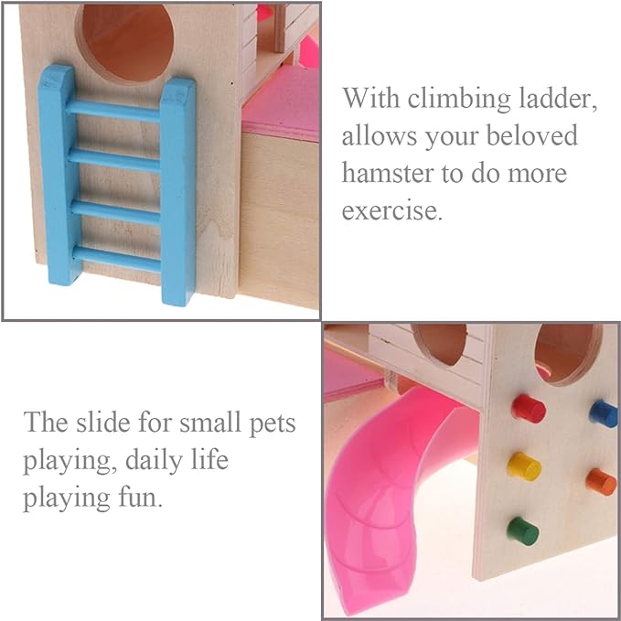 kathson Pet Small Animal Hideout Hamster House with Funny Climbing Ladder Slide Wooden Hut Play Toys Chews for Small Animals Like Dwarf Hamster and Mouse(Pink)