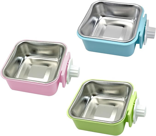 kathson Crate Dog Bowl, Removable Stainless Steel Hanging Pet Kennel Cage Bowl Food & Water Feeder Coop Cup for Puppy, Cat, Rabbit, Guinea Pigs 3pcs Small Square(Blue, Green, and Pink)