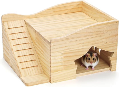Guinea Pigs Hideout, Wood Hamster House Castle with Stairs and Window, Small Animals Bed Hut Habitats, Ideal for Chinchillas Dwarf Mice Gerbils Playing Hiding, No Installation Required