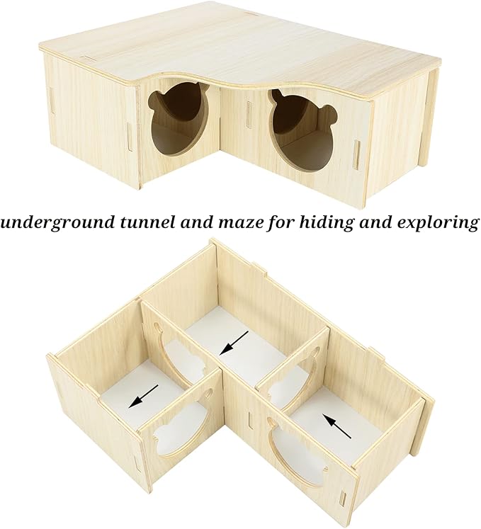 Multi-Chamber Hamster House Maze, 3-Room Hideouts, Wooden Hamster Maze & Tunnel Exploring Toys, Dwarf Hamster House Habitats Decor for Hamster Mice Gerbils Lemmings