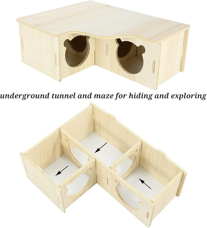 Multi-Chamber Hamster House Maze, 3-Room Hideouts, Wooden Hamster Maze & Tunnel Exploring Toys, Dwarf Hamster House Habitats Decor for Hamster Mice Gerbils Lemmings
