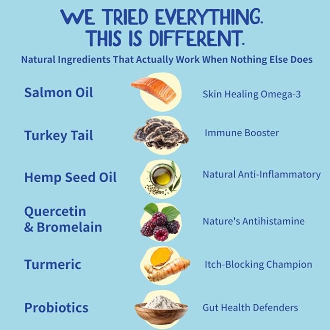 Dog Itching Skin Relief - Itch Relief for Dogs – Dog Allergy Relief with Salmon Oil - Anti Itch for Dogs Itchy Skin and Coat, Probiotics, Mushroom, Quercetin, Bromelain & Turmeric –120 Chicken Chews