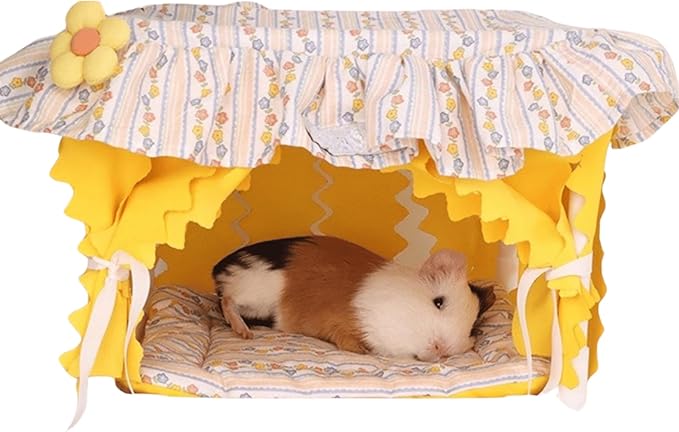 Guinea Pig Bed, Small Animal Bed Guinea Pig Hideout Sleeping Bed for Chinchilla Hamster Rat Guinea Pig Tent with Cushion for All Seasons (Yellow)