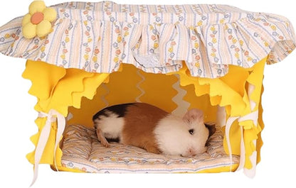 Guinea Pig Bed, Small Animal Bed Guinea Pig Hideout Sleeping Bed for Chinchilla Hamster Rat Guinea Pig Tent with Cushion for All Seasons (Yellow)