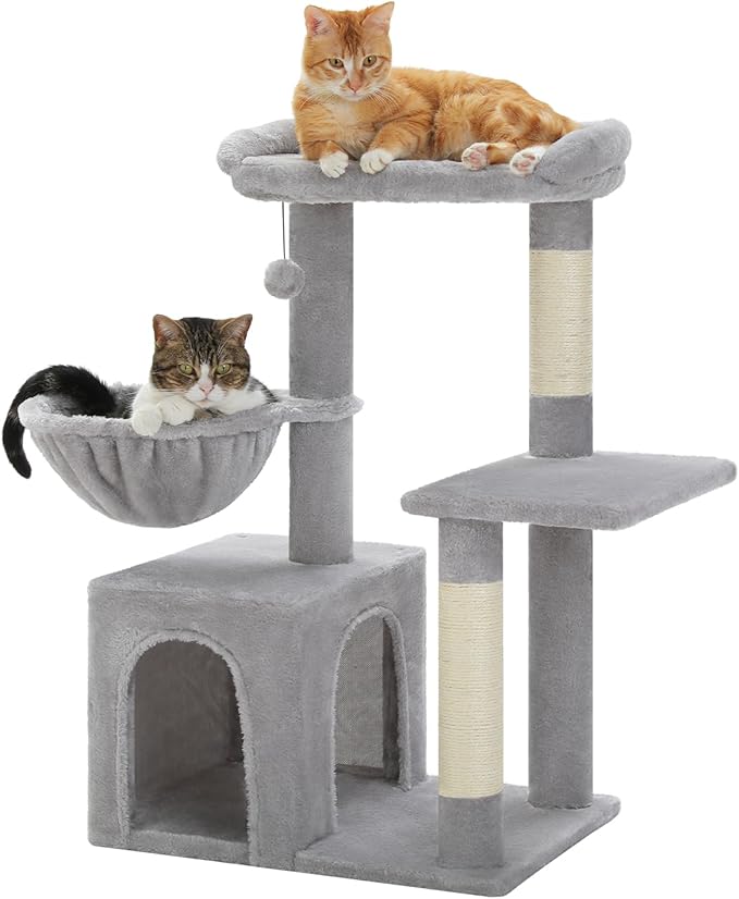 Cat Tree for Indoor Cats with Metal Frame Plush Hammock, 32" Cat Tower with Cozy Condo, Top Perch, Scratching Posts, and Replaceable Ball Toy, Pet Furniture for Small Cats & Kittens, Grey