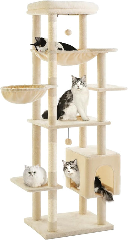 Made4Pets Tall Cat Tree, 71 Inches Cat Tree Tower for Indoor Cats Large Adult, Plush Multi-Level Cat Tower with 5 Scratching Posts, 2 Hammock, Condo and Perch, Big Cat House Indoor, Beige