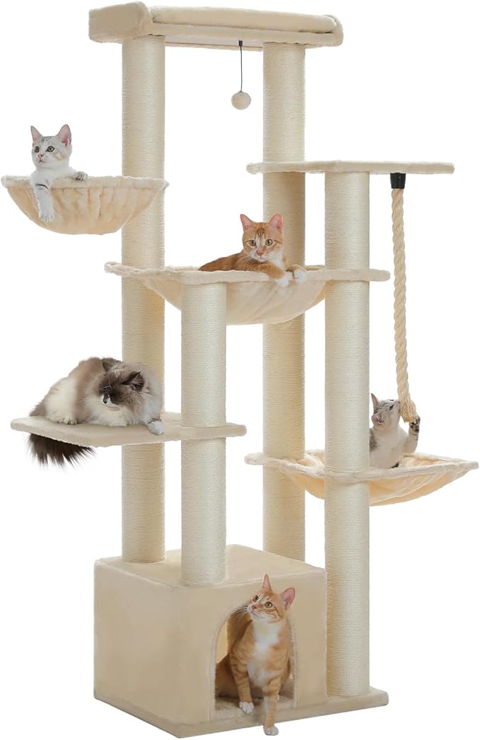 67" Heavy Duty Cat Tree for Indoor Cats Large Adult, XXL Cat Tower with 13 Thick Scratching Posts (φ4.3), Large Perch, Spacious Condo & Big Hammock - for Maine Coon up to 20 lbs, Beige