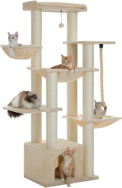 67" Heavy Duty Cat Tree for Indoor Cats Large Adult, XXL Cat Tower with 13 Thick Scratching Posts (φ4.3), Large Perch, Spacious Condo & Big Hammock - for Maine Coon up to 20 lbs, Beige
