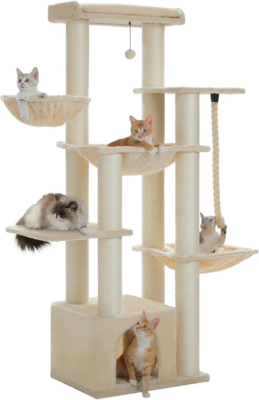 67" Heavy Duty Cat Tree for Indoor Cats Large Adult, XXL Cat Tower with 13 Thick Scratching Posts (φ4.3), Large Perch, Spacious Condo & Big Hammock - for Maine Coon up to 20 lbs, Beige