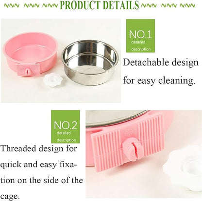kathson Crate Dog Bowl, Removable Stainless Steel Hanging Pet Cage Bowl Food & Water Feeder Coop Cup for Cat, Puppy, Birds, Rats, Guinea Pigs (4 PCS, Size: L, 2×Blue,1×Pink,1×Green)