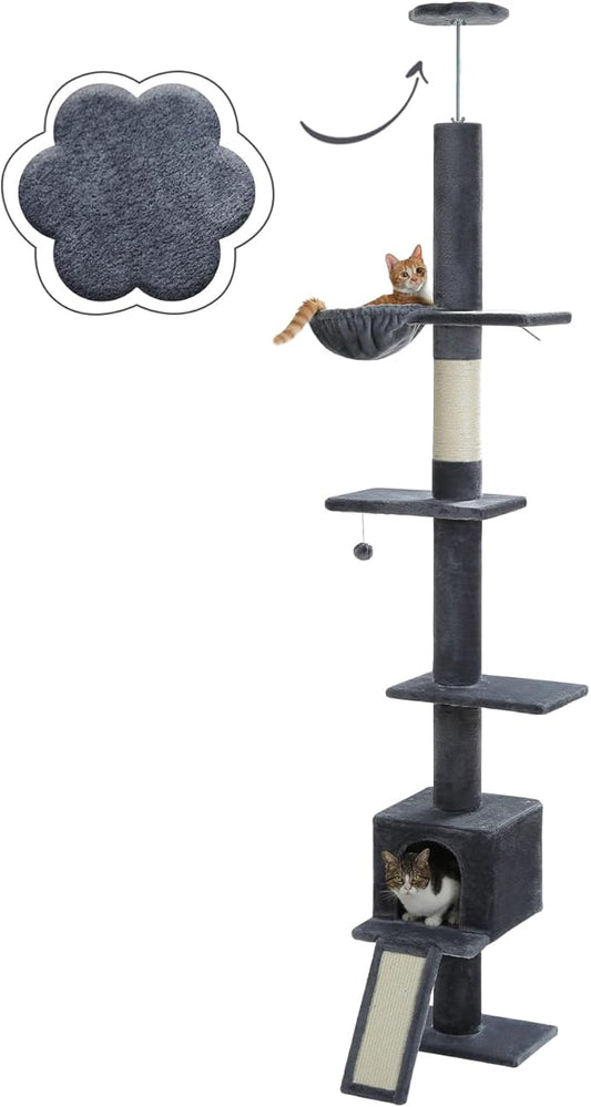 PETEPELA Floor to Ceiling Cat Tree[83"-108"], Cat Tower 5 Levels, Height Adjustable, Cat Scratching Post with Top Perches and Spacious Condo for Large Indoor Cats, Dark Grey