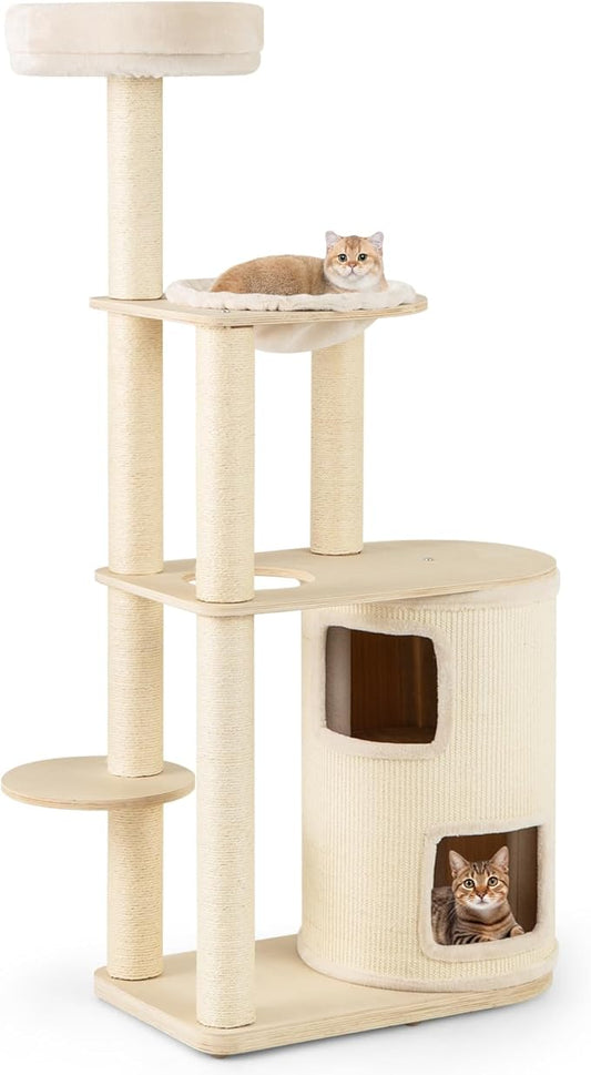 PETSITE 60 Inch Modern Tall Cat Tree for Indoor Cats, Wooden Cat Tree Tower with 2-Story Condo, Sisal Scratching Posts and Board, Top Perch, and Round Napping Bed, Soft Washable Cushions Covered