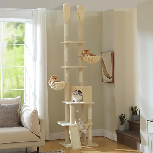 PAWZ Road Tall Cat Tree, Floor to Ceiling Cat Tower with Adjustable Height(85-112 Inches), 7 Tiers Climbing Tower with Cozy Hammocks, 5 Platforms and Scratching Posts for Indoor Cats-Beige