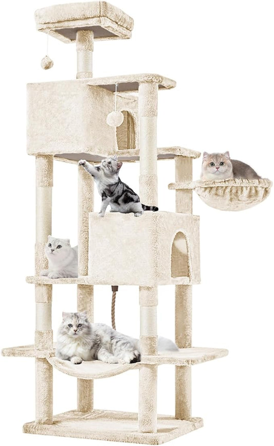 Sweetcrispy 66 inch Cat Tree Tower, Large Multi Level Cat Climbing Tower with Condo, Natural Sisal Scratching Posts, Extended Platform, Hammock, Pet House for Indoor Cats and Kittens Play, Beige