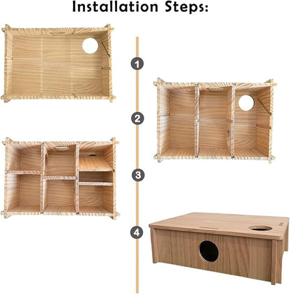 Multi Chamber Hamster House,Wooden Guinea Pig Maze Hideout Hut Interesting Multi-Room Tunnel Exploring Toys Hamsters Accessories for Guinea Pigs Dwarf Mice Gerbil Small Rodents