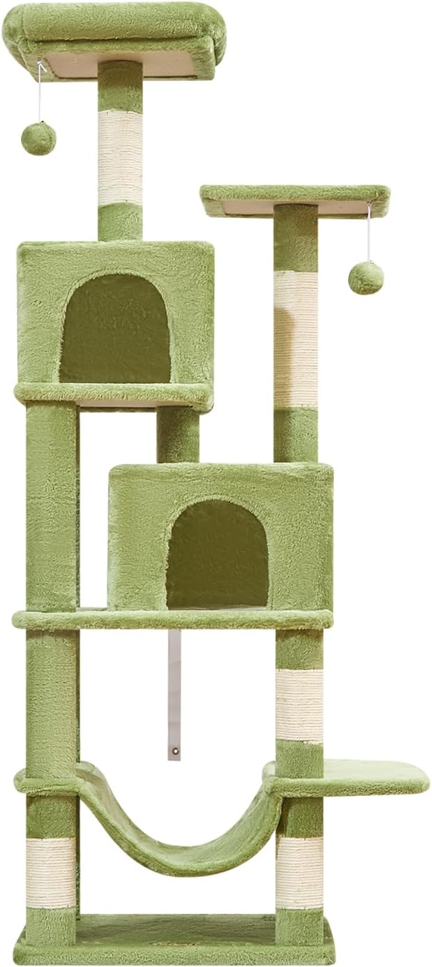 Taoqimiao Cat Tree, 61-Inch Cat Tower for Indoor Cats, Plush Multi-Level Cat Condo with 5 Scratching Posts, 2 Perches, 2 Caves, Hammock, 2 Pompoms, MS013SGR Green