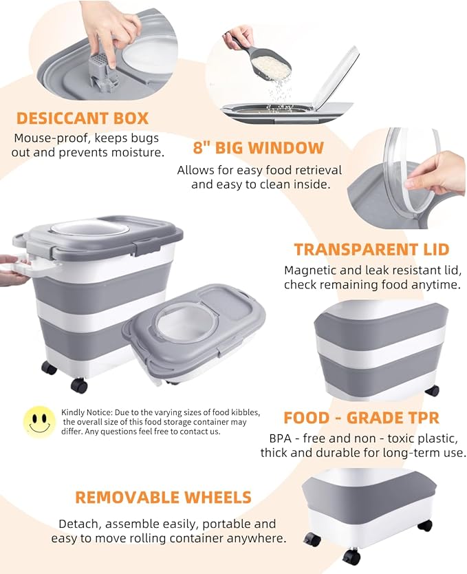 25-28lbs Dog Food Storage Container, Collapsible Dog Food Container, Wheels, Handle, Airtight Pet Food Storage Container, Scoop, Small Dry Container For Dog Cat Bird Food