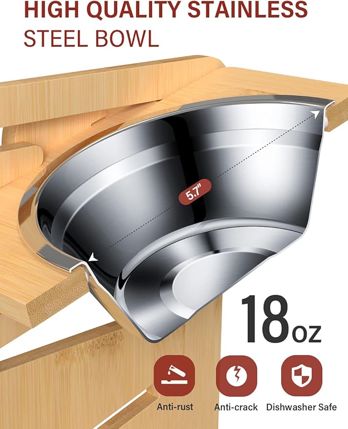 Vantic Elevated Dog Bowls, Adjustable Raised Dog Bowl Stand for Small Puppy and Cats, Sturdy Bamboo Pet Food Feeder with 2 Stainless Steel Dishes, Natural