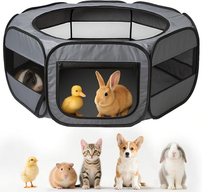UWE Large Small Animal Playpen, XL Portable Pet Playpen for Rabbit, Kitten, Guinea Pig, Hamster, Puppy – Waterproof Foldable Mesh Tent with Zipper Cover, Indoor Outdoor Use, Dark Grey