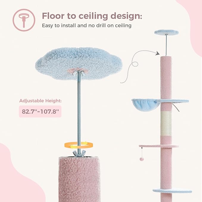 PEQULTI Cat Tree Floor to Ceiling,Tall Cat Tower, Adjustable Height (83''-108'') 5 Tiers Climbing Tree for Indoor Cats with Cat Condo, Scratching Post and Ladder,Pink
