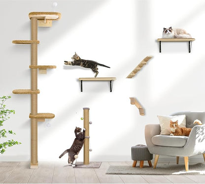 5-Tier Tall Cat Tree for Kittens, Floor to Ceiling Wall Mounted Cat Wall Shelves with Brown Plush Pads, Adjustable Wild Simulation Cat Tower for Climbing, Scratching & Lookout