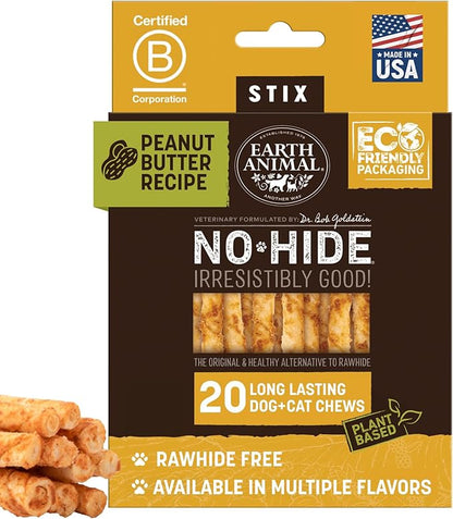 Earth Animal No-Hide Stix Peanut Butter Recipe Natural Rawhide Alternative Dog & Cat Chews - 20 Count Value Pack