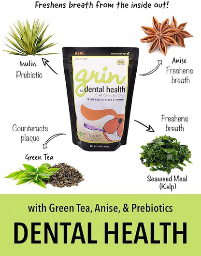 Grin Daily Dental Care Chews for Dogs, Grain Free Formula for Clean Teeth and Fresh Breath, Scientifically Formulated, Stop Plaque and Tartar with Antibacterials and Prebiotics, 4oz/25ct