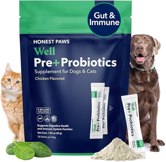 Honest Paws Probiotics for Dogs - Digestive & Immune Support Powder with Prebiotic Made in The USA, Chicken Flavor (30 Sticks)
