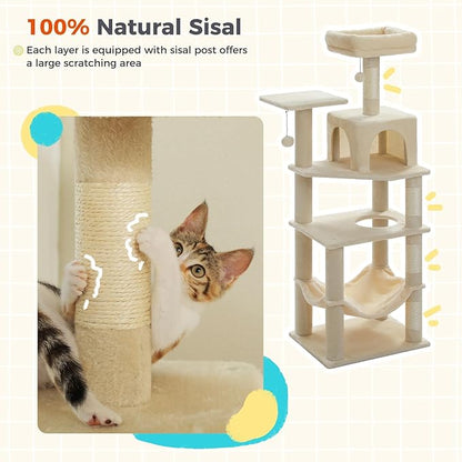 PEQULTI 56.3'' Cat Tree for Indoor Cats, Multi-Level Cat Tower with 2 Top Perch. Cat Condo, Hammock and Sisal-Covered Scratching Post, Beige