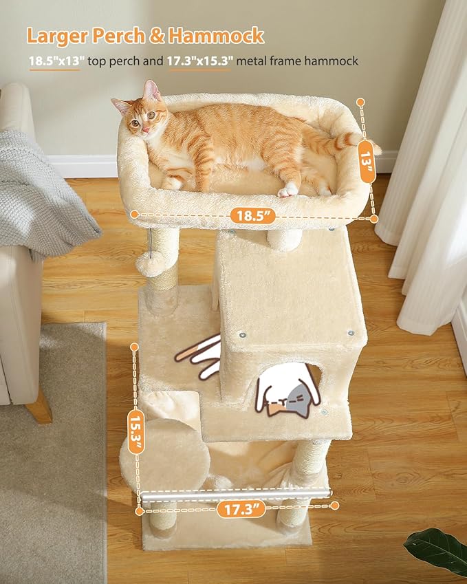 PEQULTI 45.7'' Cat Tree for Indoor Cats with Metal Frame Big Hammock, Cat Tower for Small or Medium Cats with Cat Condo House, with Scratching Posts and Top Perch, Beige