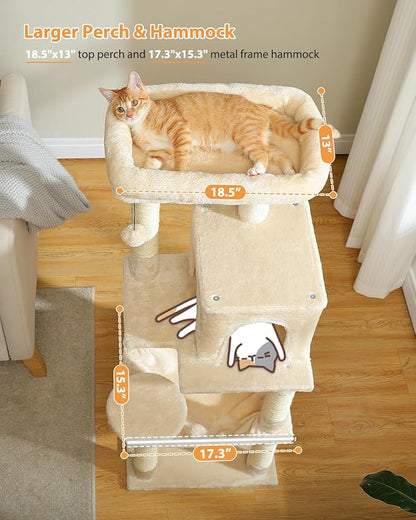 PEQULTI 45.7'' Cat Tree for Indoor Cats with Metal Frame Big Hammock, Cat Tower for Small or Medium Cats with Cat Condo House, with Scratching Posts and Top Perch, Beige
