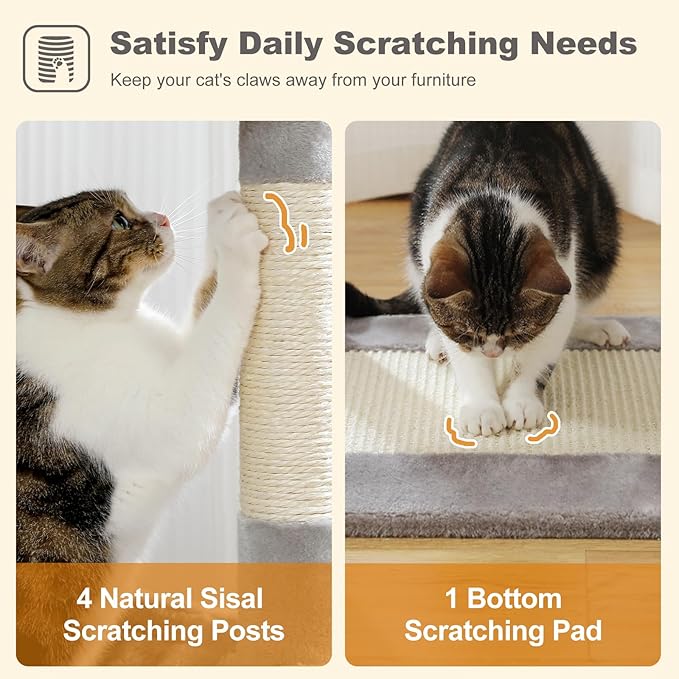 62" Cat Tree for Indoor Cats, Multi-Level Cat Tower with 2 Spacious Condos, Dual Top Perches, Scratching Pad, 4 Scratching Posts, 2 Pompoms, Grey