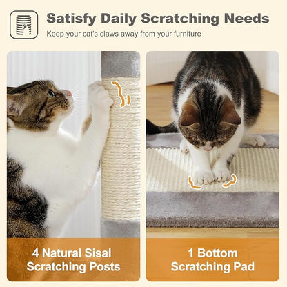 62" Cat Tree for Indoor Cats, Multi-Level Cat Tower with 2 Spacious Condos, Dual Top Perches, Scratching Pad, 4 Scratching Posts, 2 Pompoms, Grey