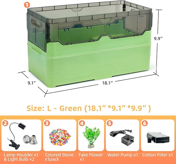 Turtle Habitat Tank Kit– Fresh Filtration, Waterplay Fun, Diverse Living, Heat Lamp, Water Pump and Convenient Water Changes in Tanks Habitat Kits Turtle cage (Green, Large)