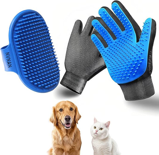 Cat & Dog Grooming Gloves - Deshedding Brush for Shedding, Gentle Pet Hair Remover & Massage Gloves for Cats, Dogs, All Fur Types (1 Brush +1 Pair Gloves)